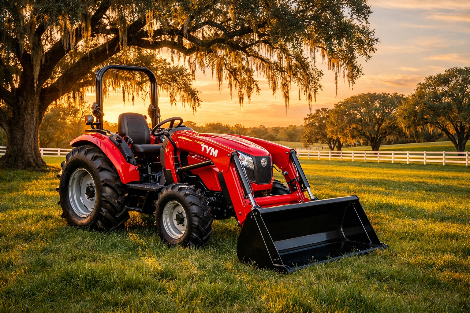 TYM tractor for sale at Ocala Tractor, your friendly tractor dealer Florida, parked in a scenic Ocala pasture.