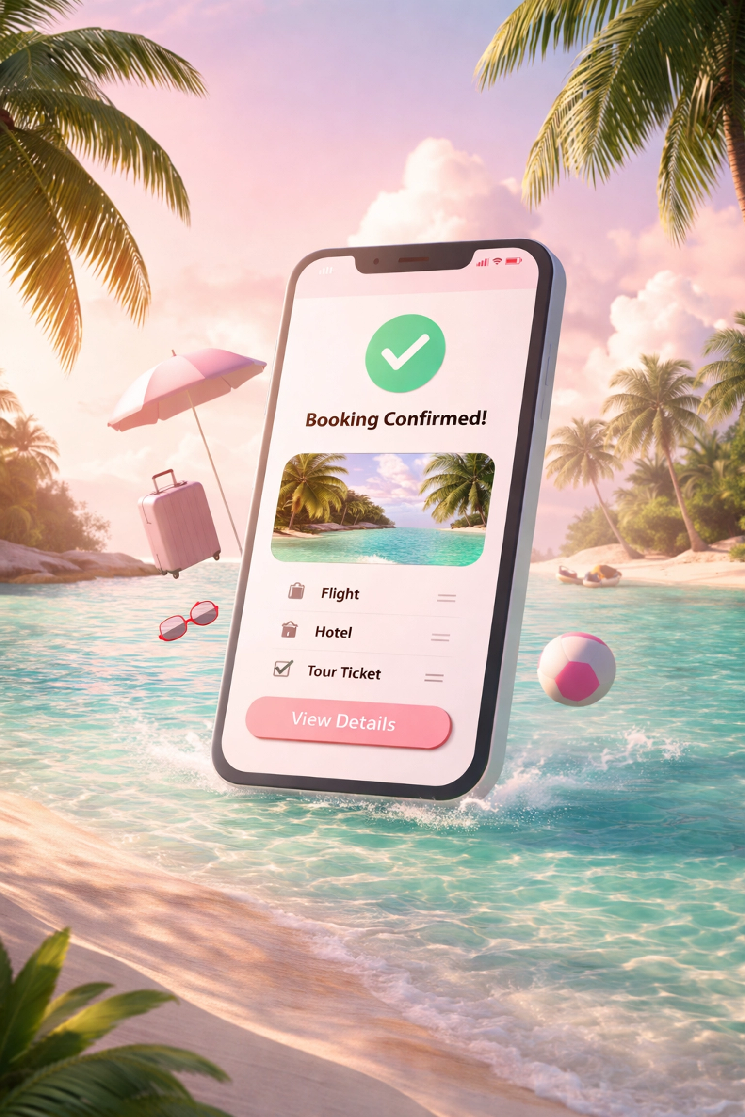 Tropical beach scene with smartphone showing tour bookings for travel affiliate marketing