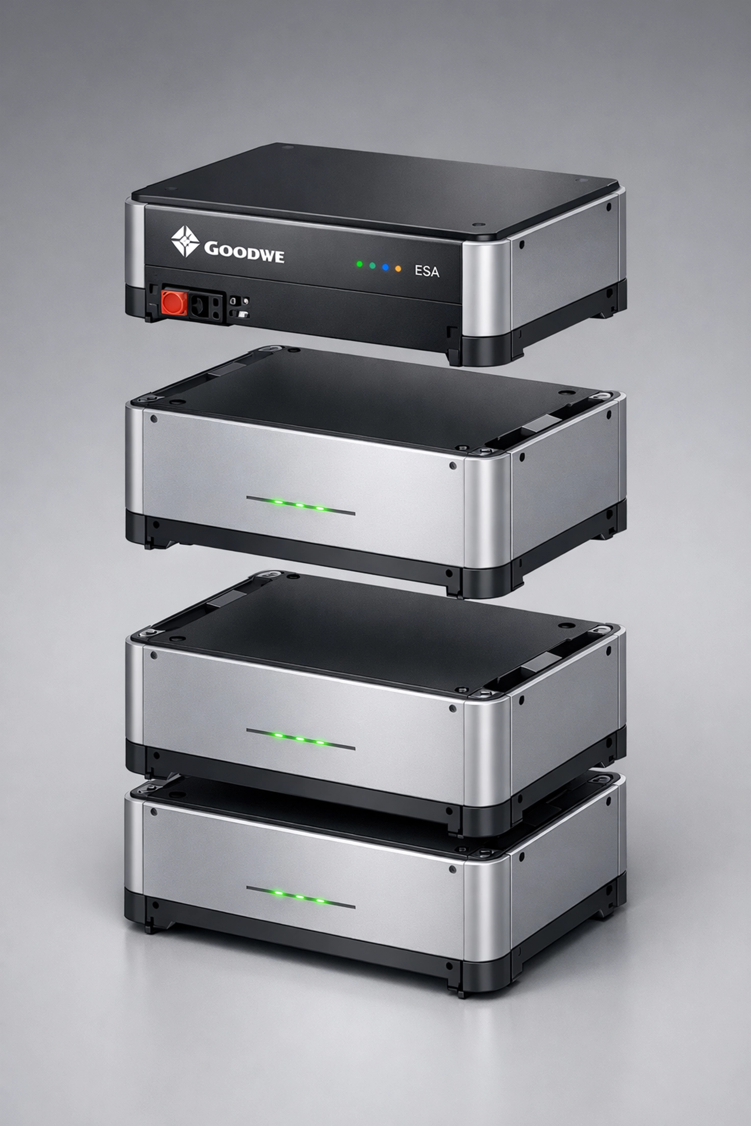 Modular GoodWe ESA battery units showing how to scale home energy storage capacity over time.