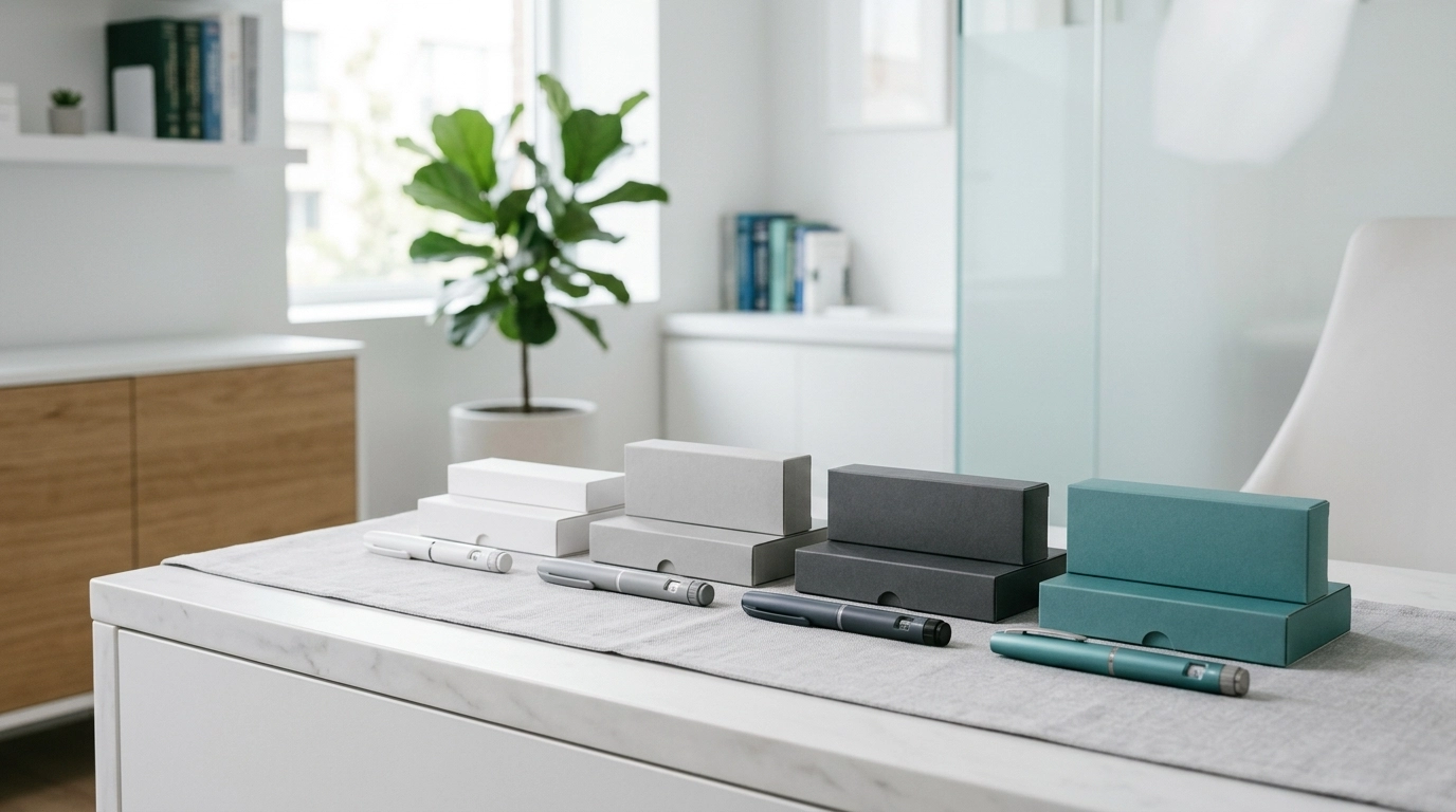 Minimalist clinical lifestyle image of GLP-1 injection tools in a clean modern setting