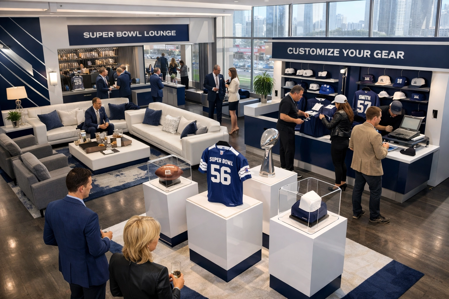 25 Creative Super Bowl Brand Activation Ideas You've Never Thought Of (That Cost 50% Less Than Traditional Marketing) Luxury pop-up lounge with customization station for Super Bowl brand experience