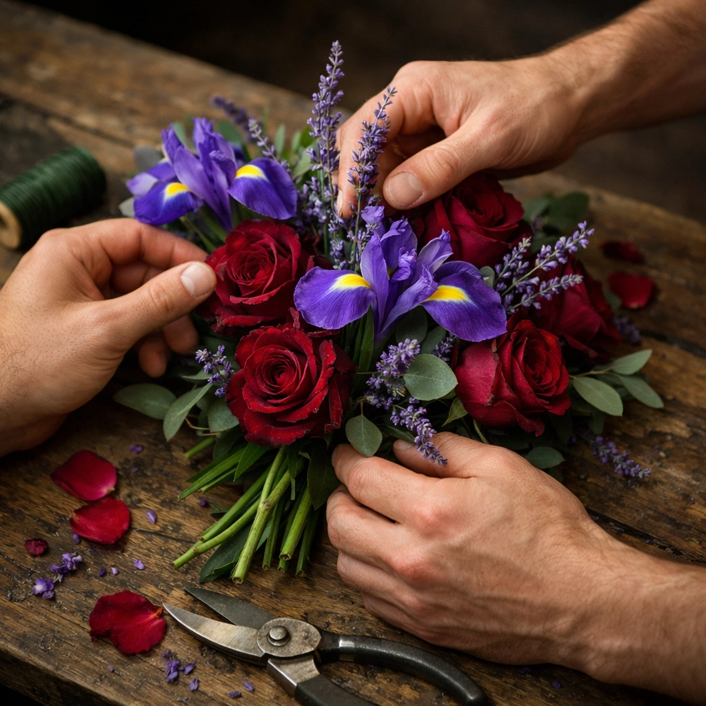 Gay florists' hands arranging purple iris and roses with lavender in intimate collaboration