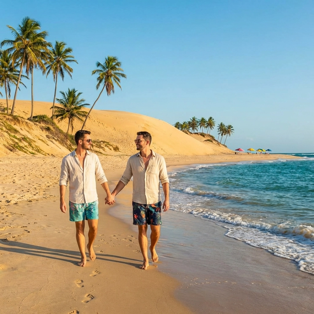 Gay couple walking hand-in-hand on secluded tropical nudist beach