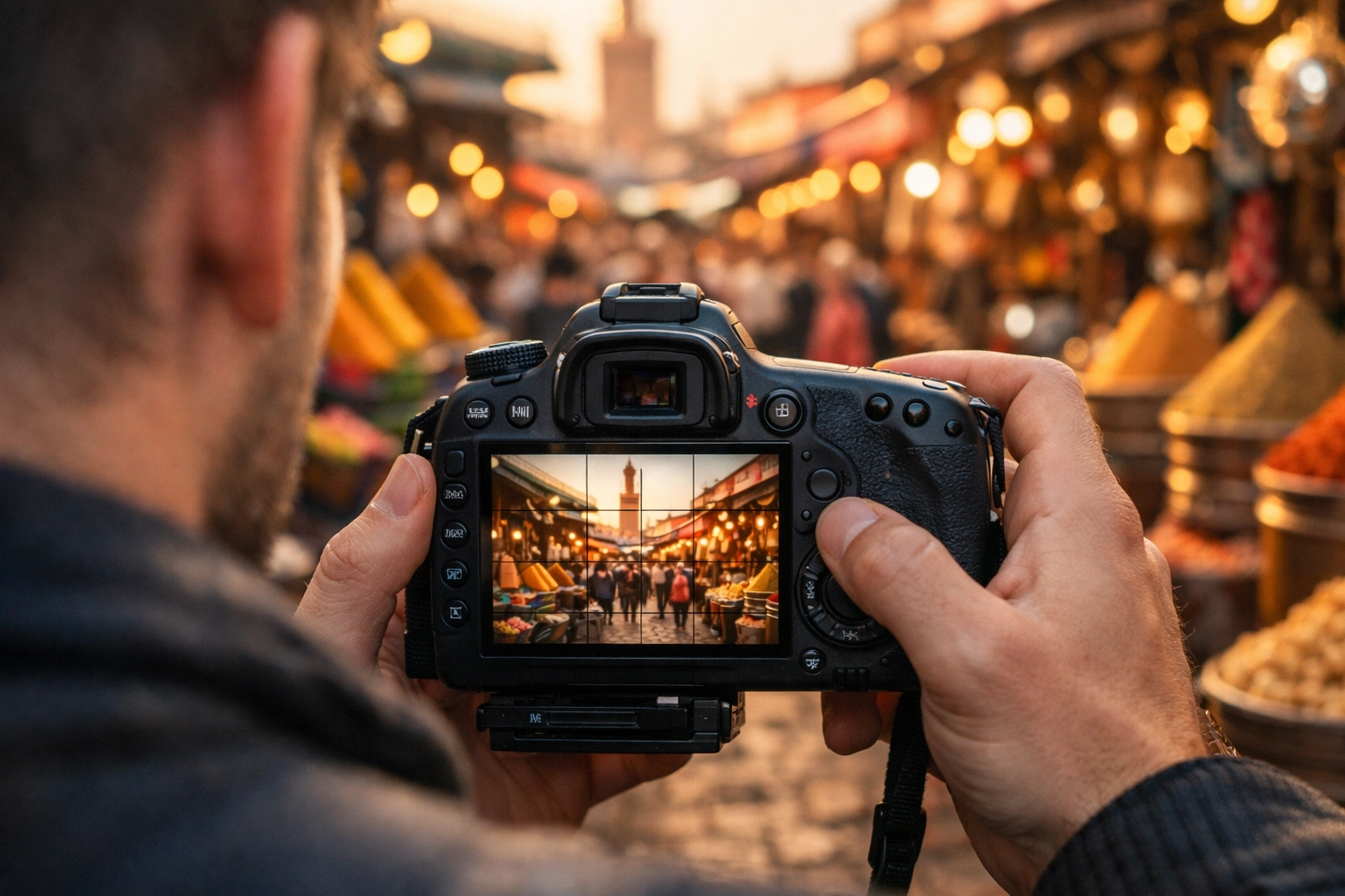 A photographer capturing a vibrant street market in Marrakech, demonstrating essential travel photography tips.