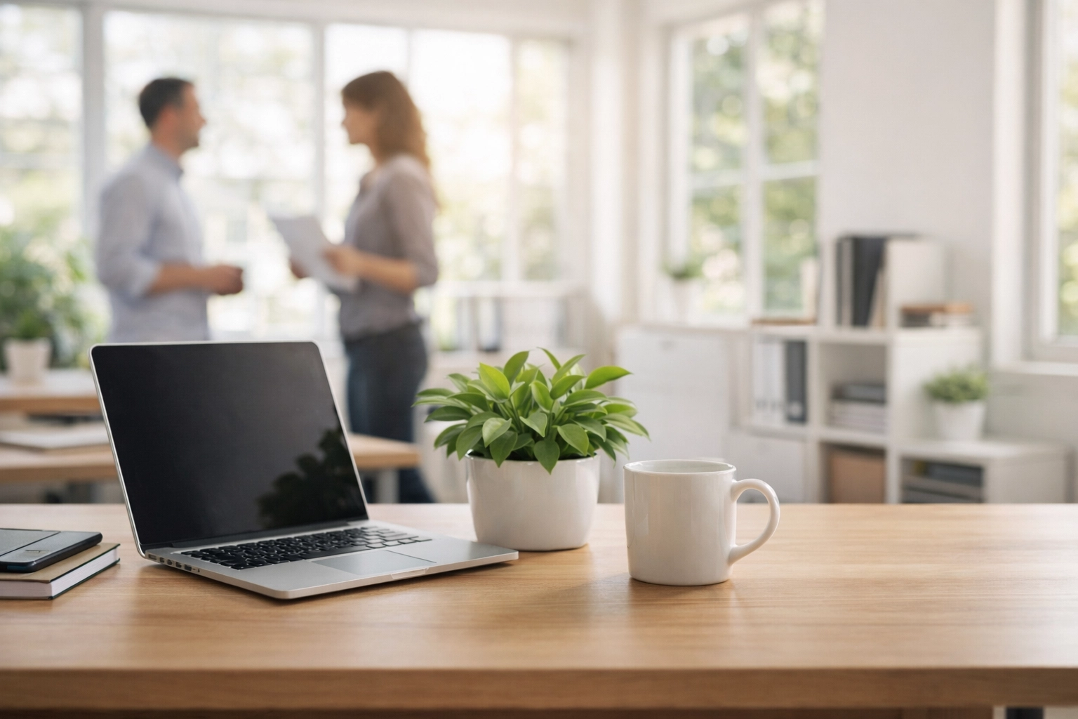 A clean, organized office workspace with tidy desks and a bright, welcoming feel.
