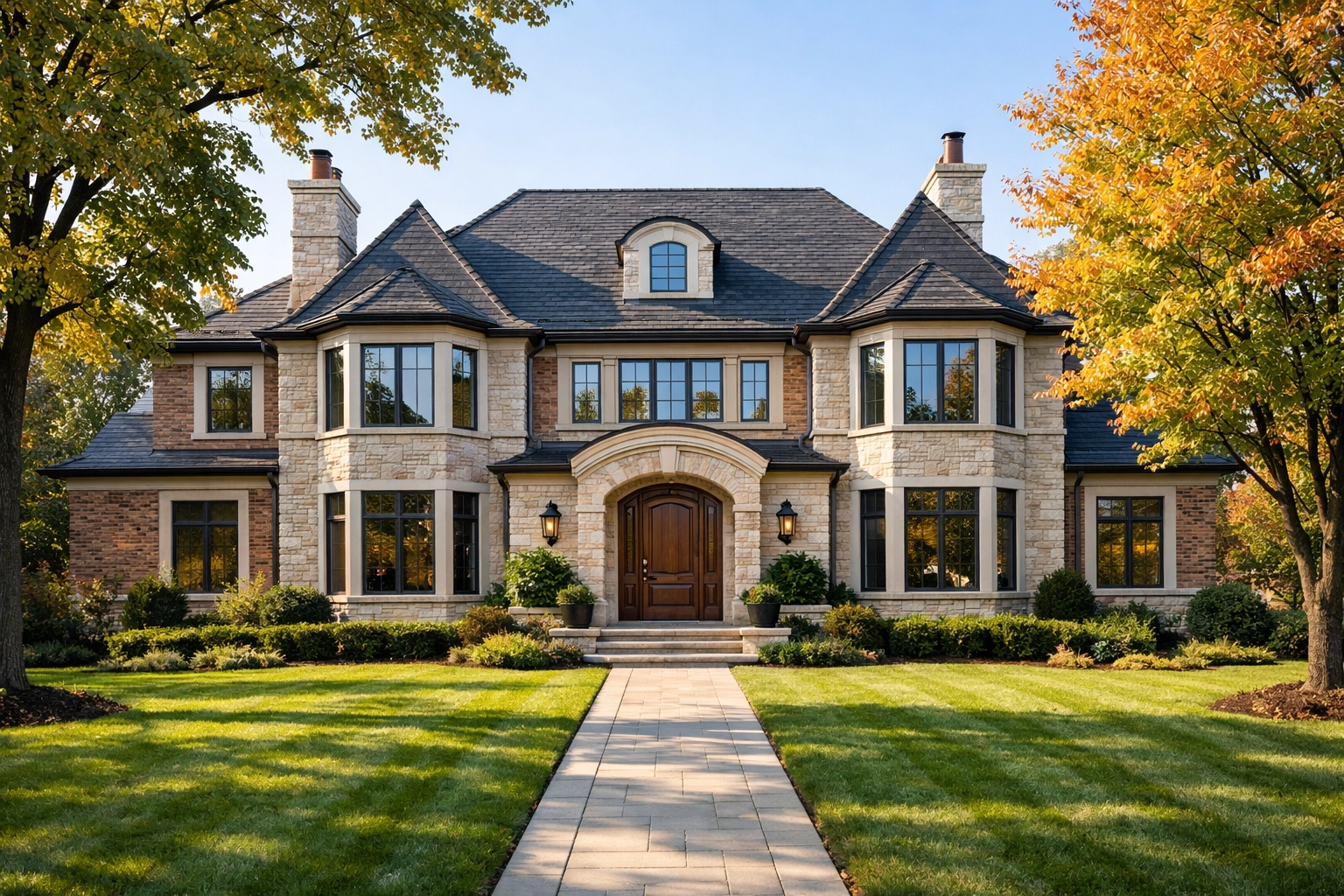 Luxury stone home in Chicago suburbs representing high-end real estate in Edison Park and Forest Glen.