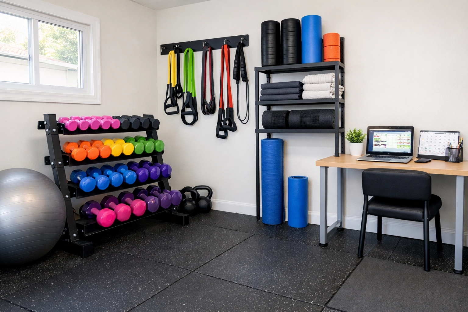 Home gym setup with weights, resistance bands, and yoga mats for personal training business