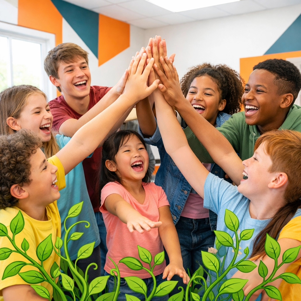 Diverse group of kids and teens celebrating teamwork and growth at the Easter Life Skills Bootcamp.