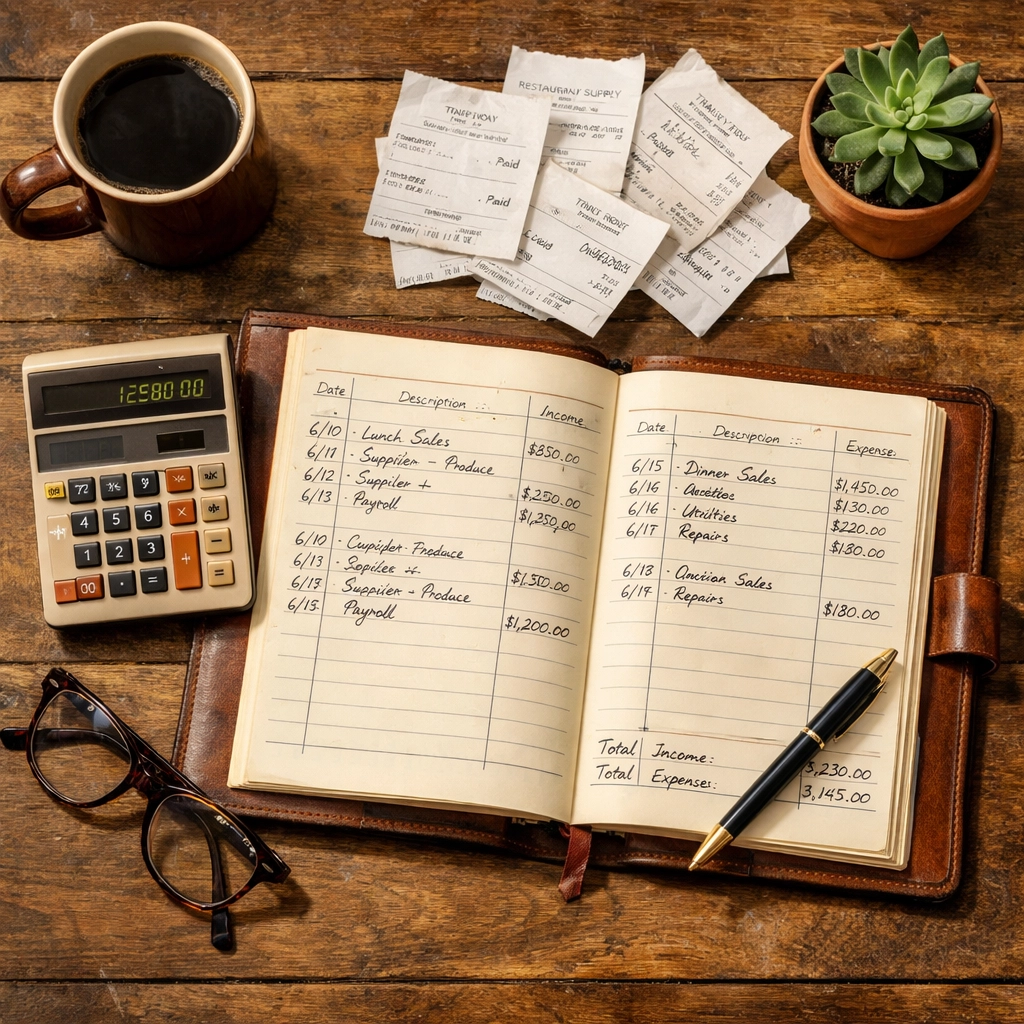Restaurant owner's desk with financial planning ledger and receipts showing hands-on management