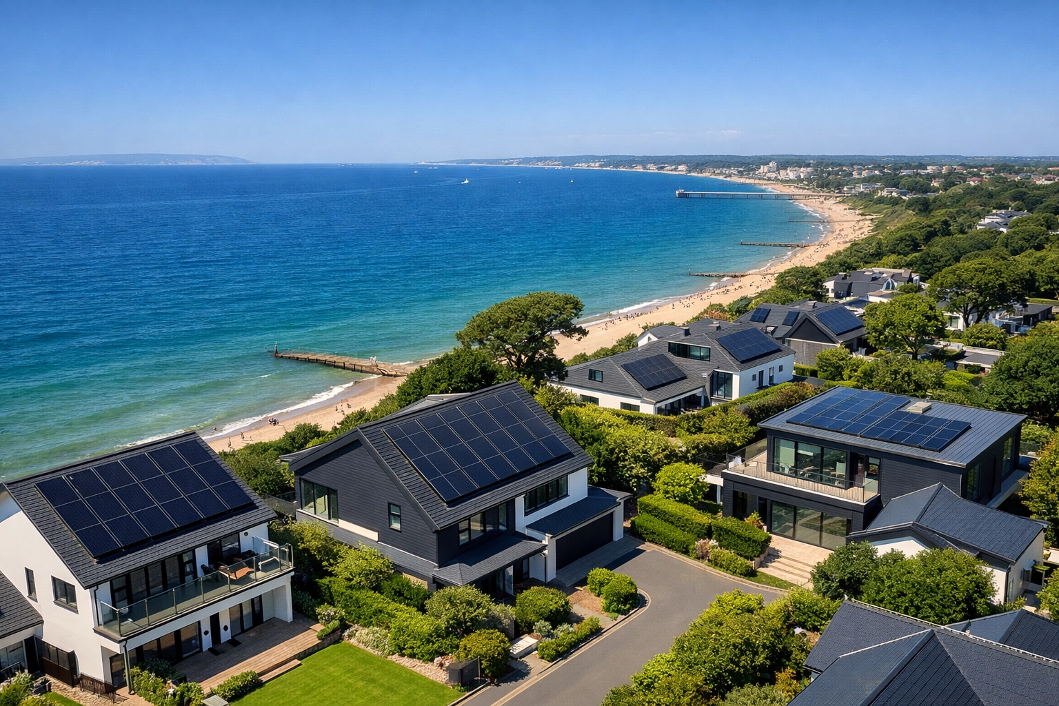 Solar panel installation on residential roofs in a coastal Dorset neighborhood near Bournemouth.