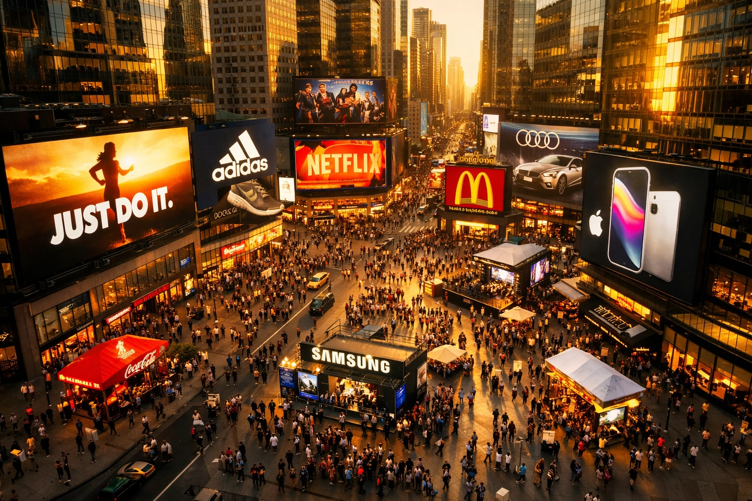 Aerial view of downtown city showing multiple digital billboards and OOH brand activations across plazas