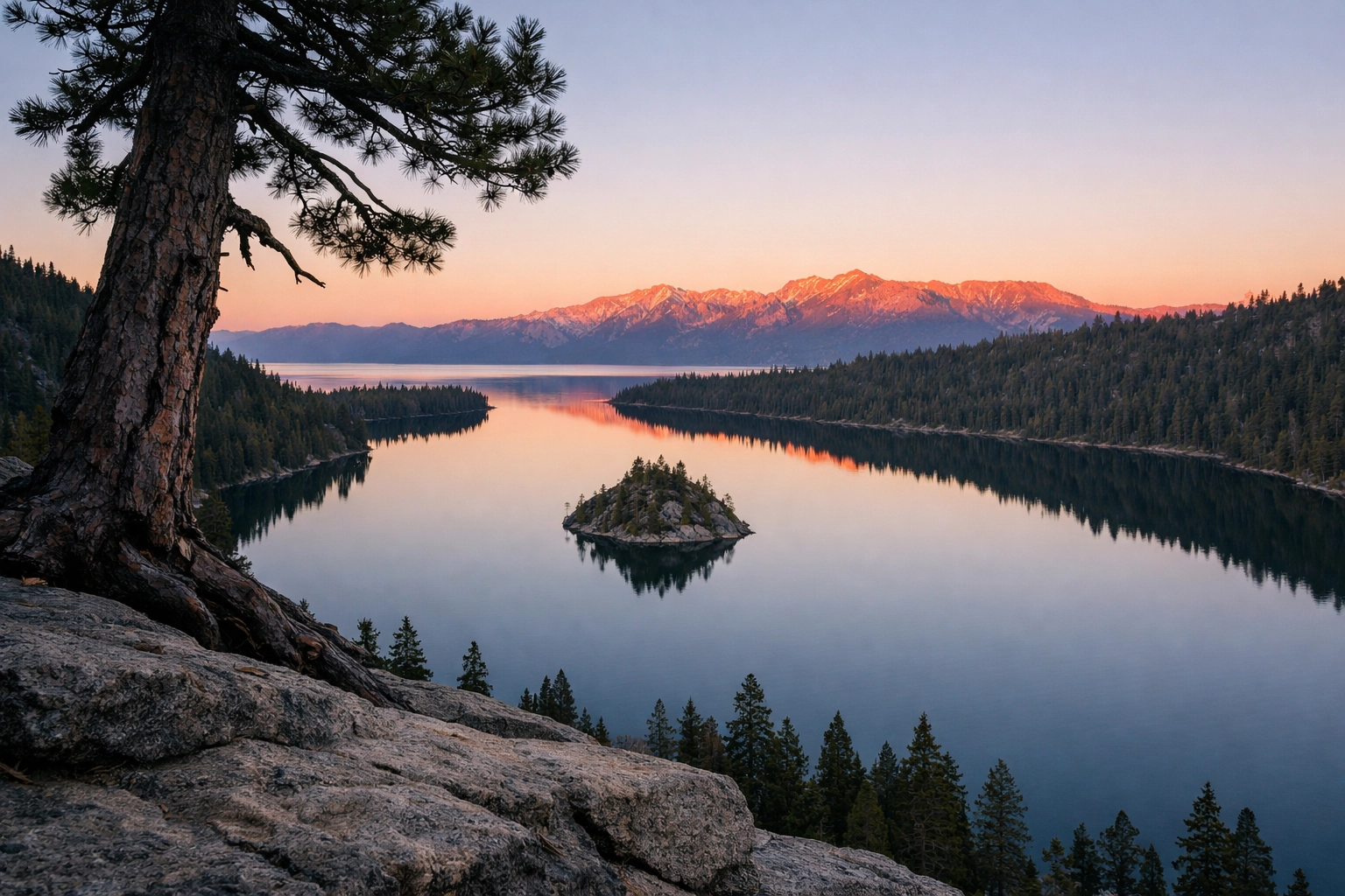 Emerald Bay Overlook at sunrise featuring Fannette Island, a prime Lake Tahoe photography location.