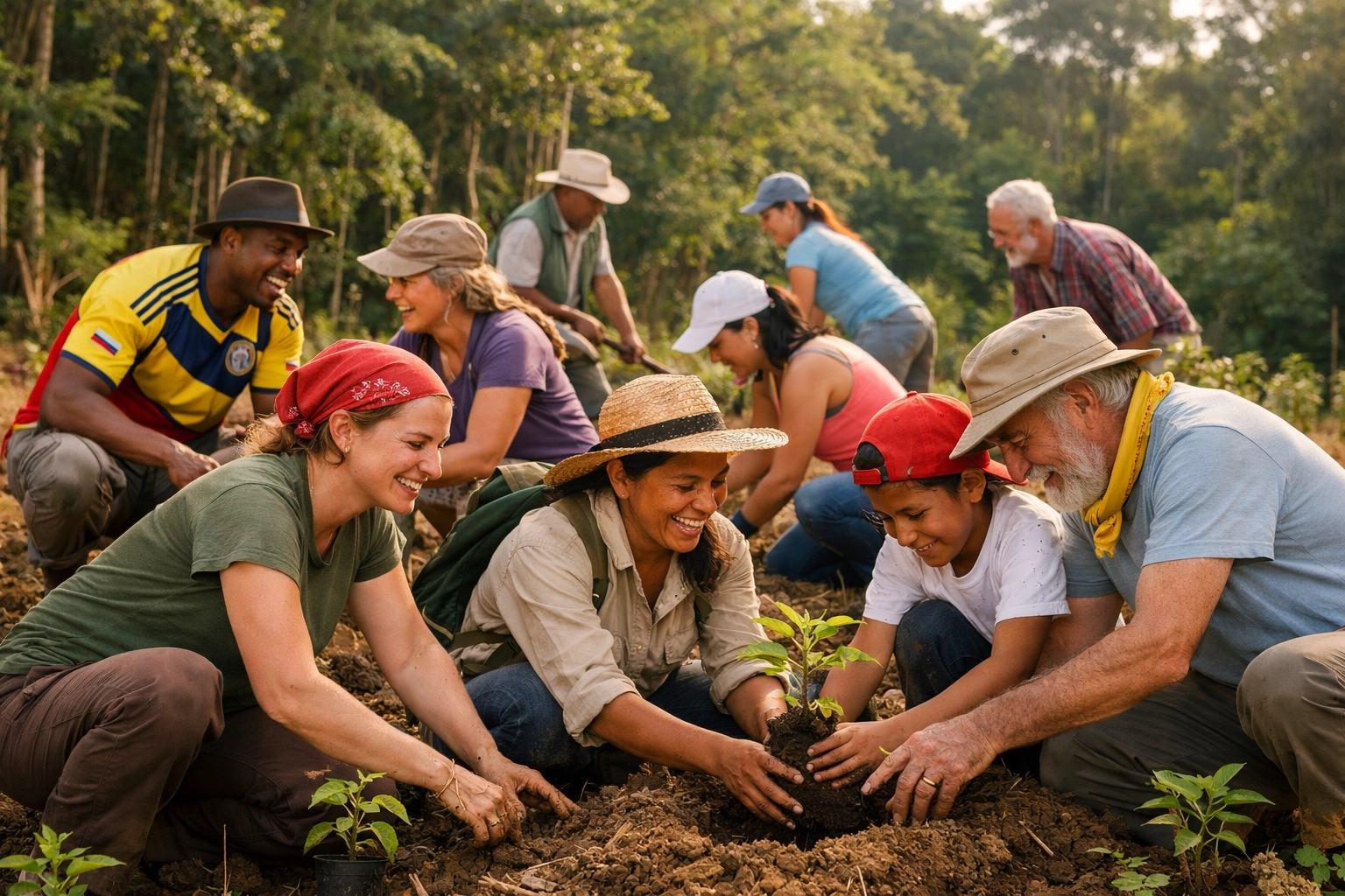 Travelers and local guides planting trees together in Colombian reforestation project