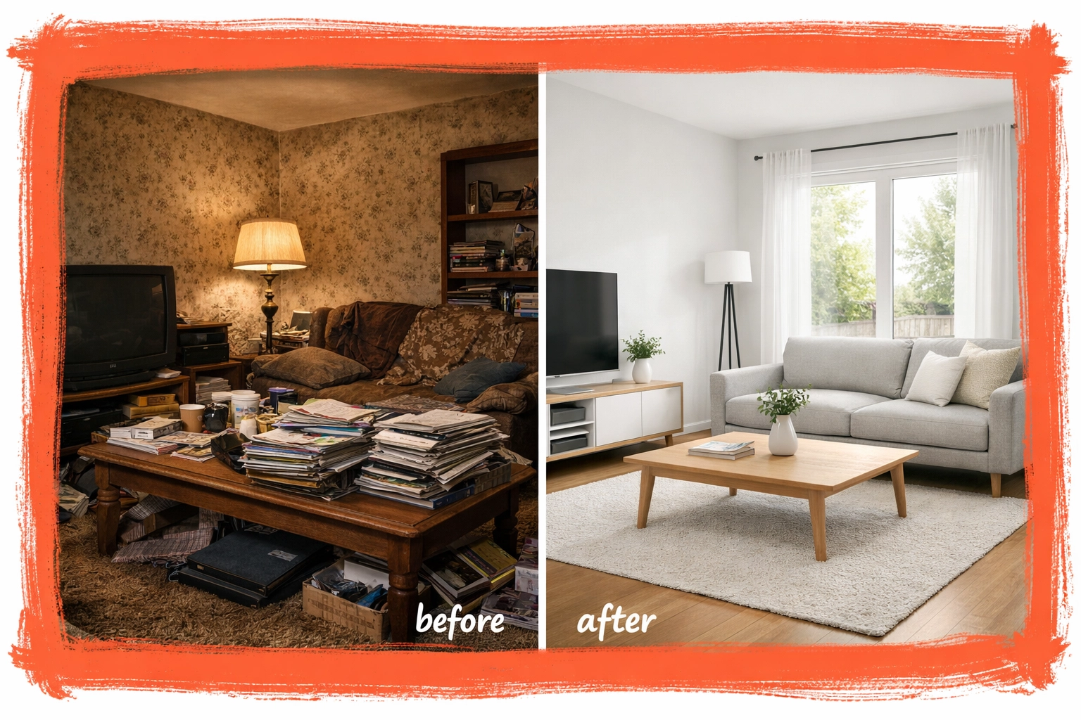 Before and after home staging showing cluttered room transformed into bright clean space Before and after home staging showing cluttered room transformed into bright clean space