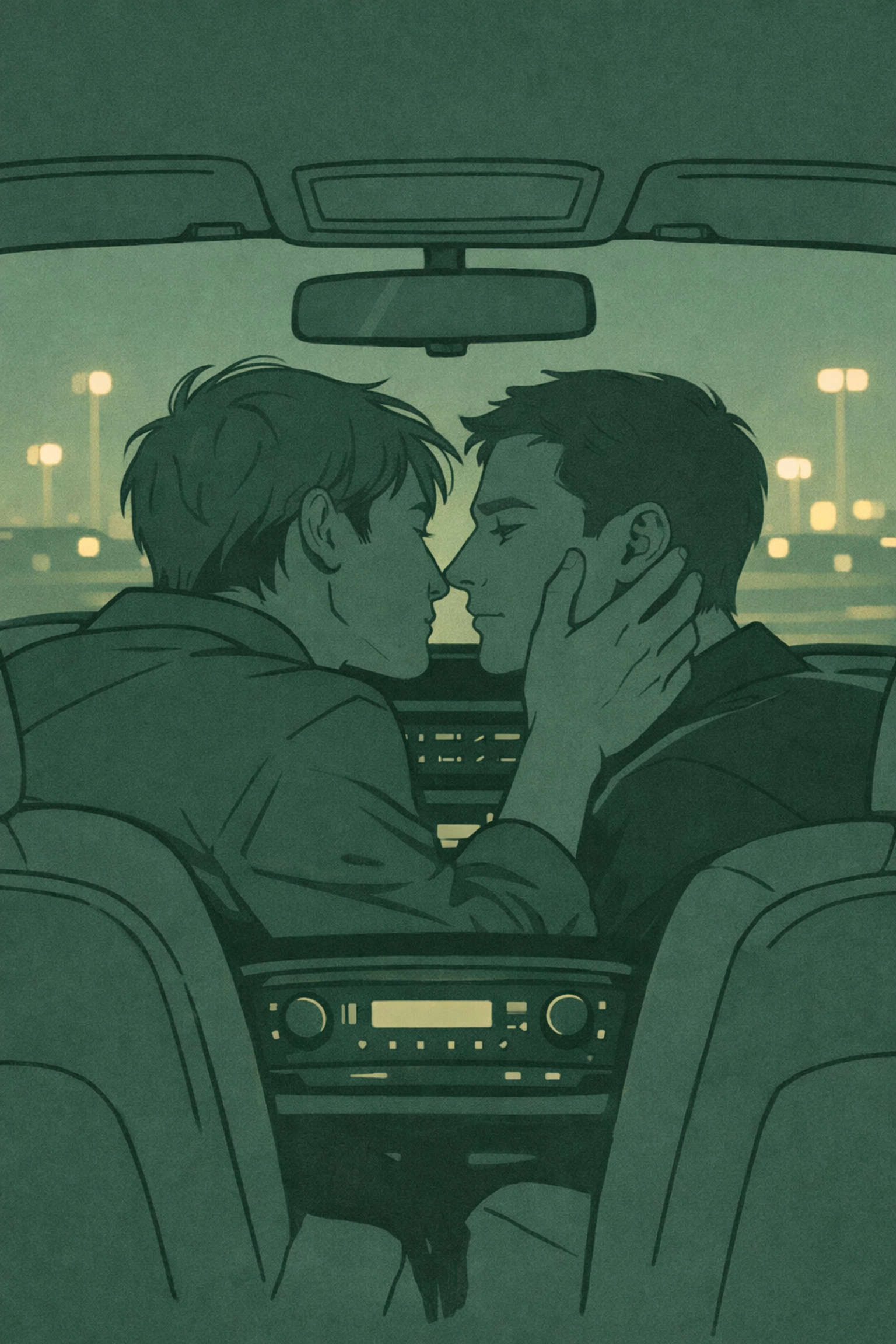 MM romance illustration of two men connecting intimately in parked car during risky encounter