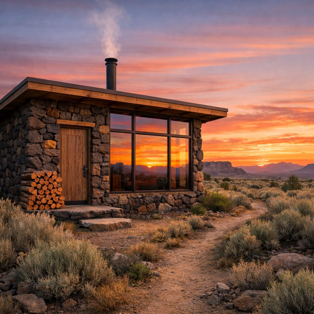 Sustainable stone cabin in the high desert at sunset, representing retirement from the system.