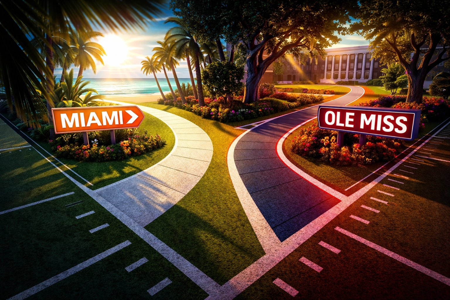 Two divergent football field paths symbolize Tommy Kinsler IV’s transfer decision from Miami to Ole Miss football