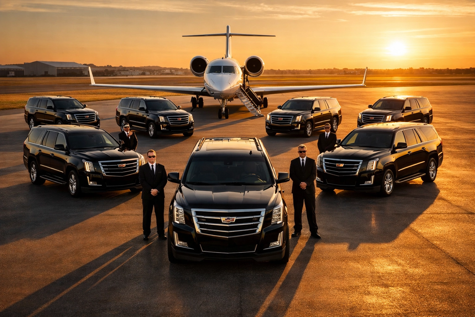 Luxury SUV fleet and private jet showcasing premium Super Bowl corporate transportation services