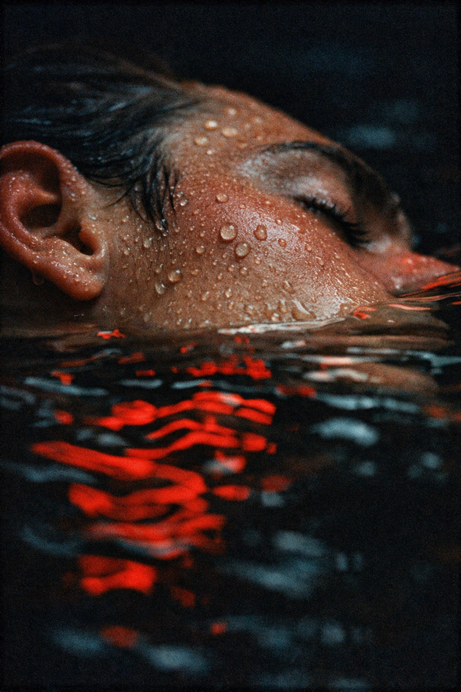 Close-up of a person submerging in the saltwater pool at Liquidrom, listening to underwater music in Berlin.