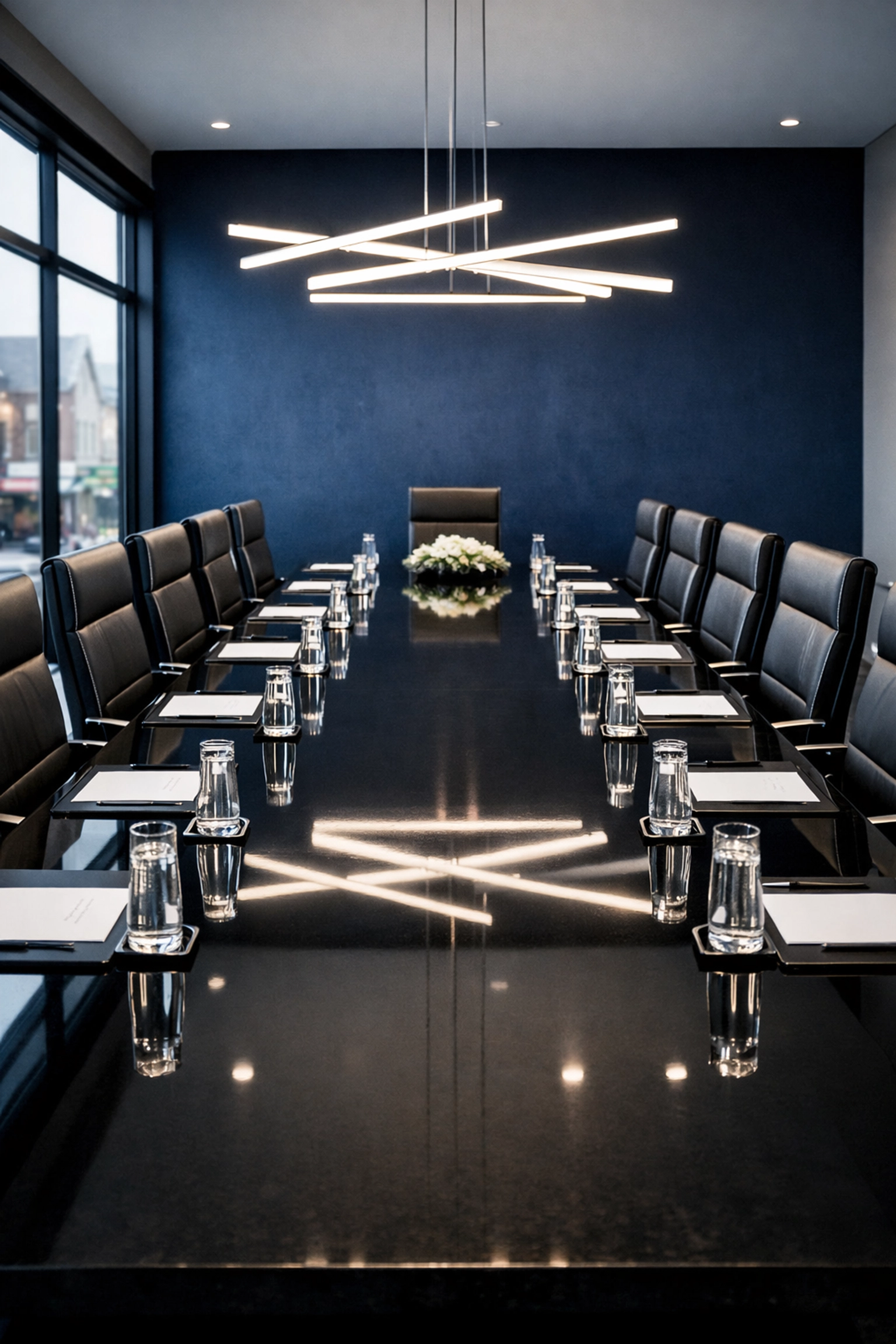 Pristine luxury conference room in Milford with a polished black table reflecting professional office cleaning.
