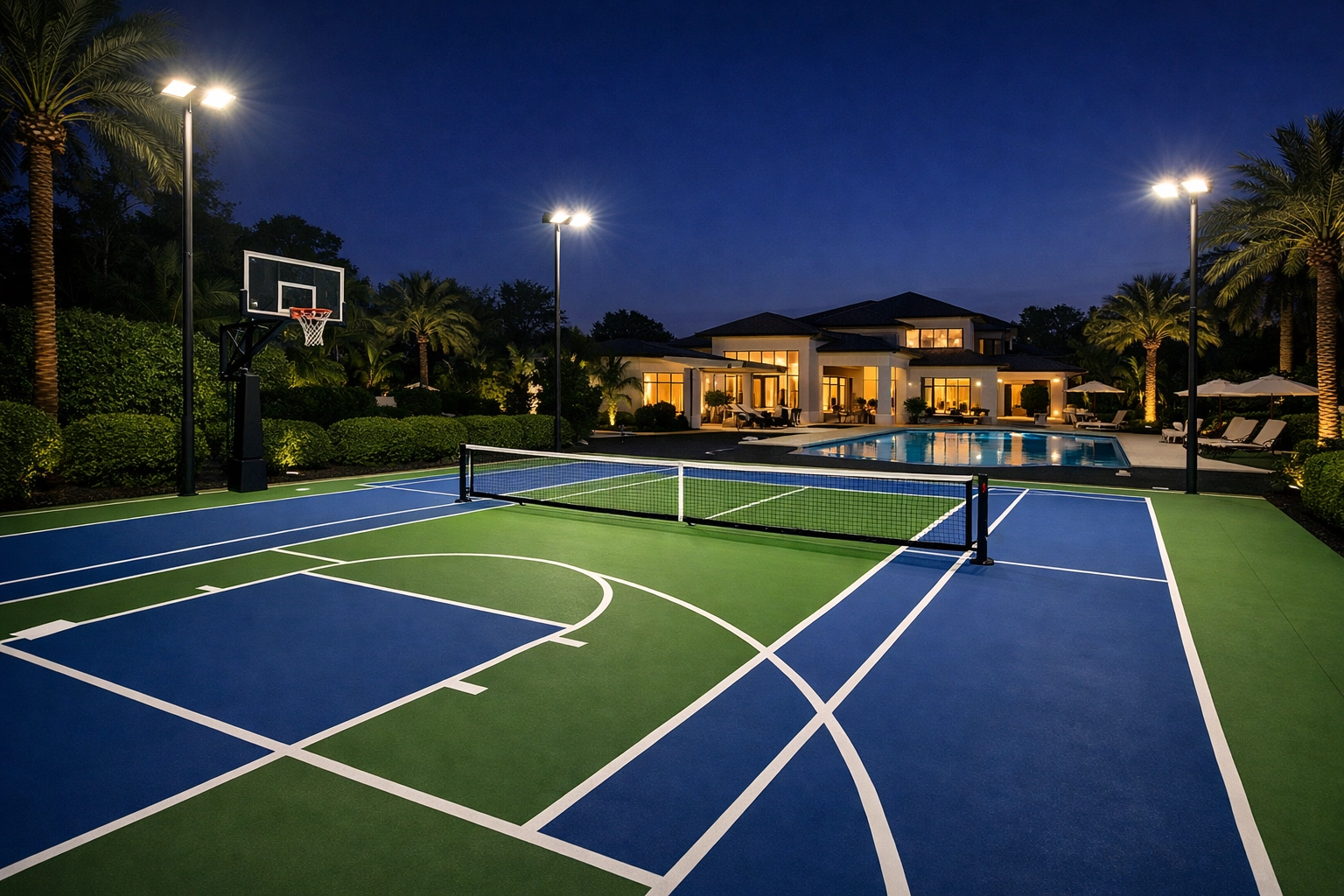 Luxury backyard resort Houston multi-sport court with directional LED lighting at twilight.