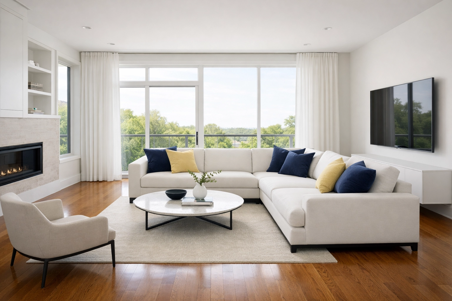 Decluttered minimalist living room in a Southborough apartment showing professional cleaning results.