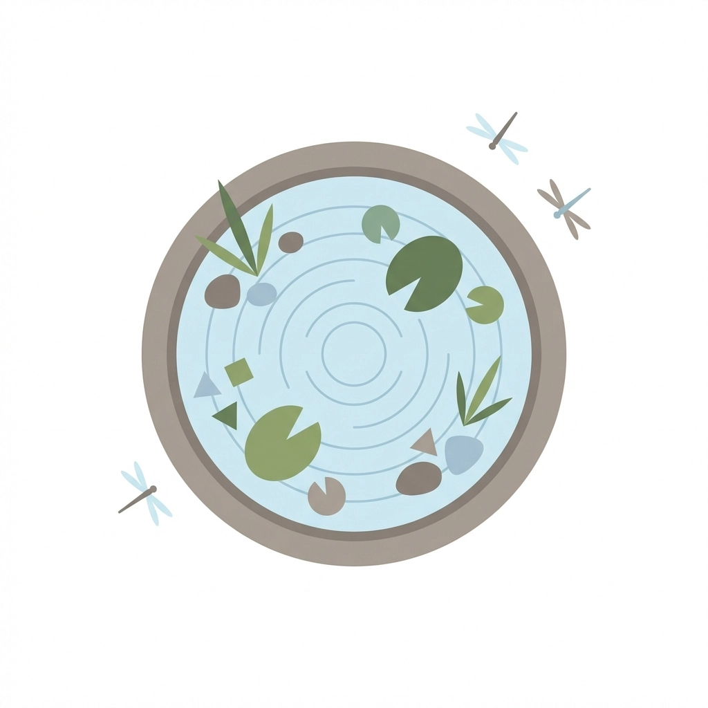 Overhead view of a mini wildlife pond with aquatic plants, lily pads, and dragonflies for micro habitat observation