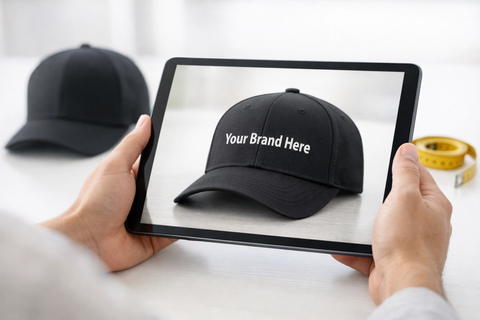 Reviewing a digital mockup for custom embroidered hats to ensure correct logo placement and quality.