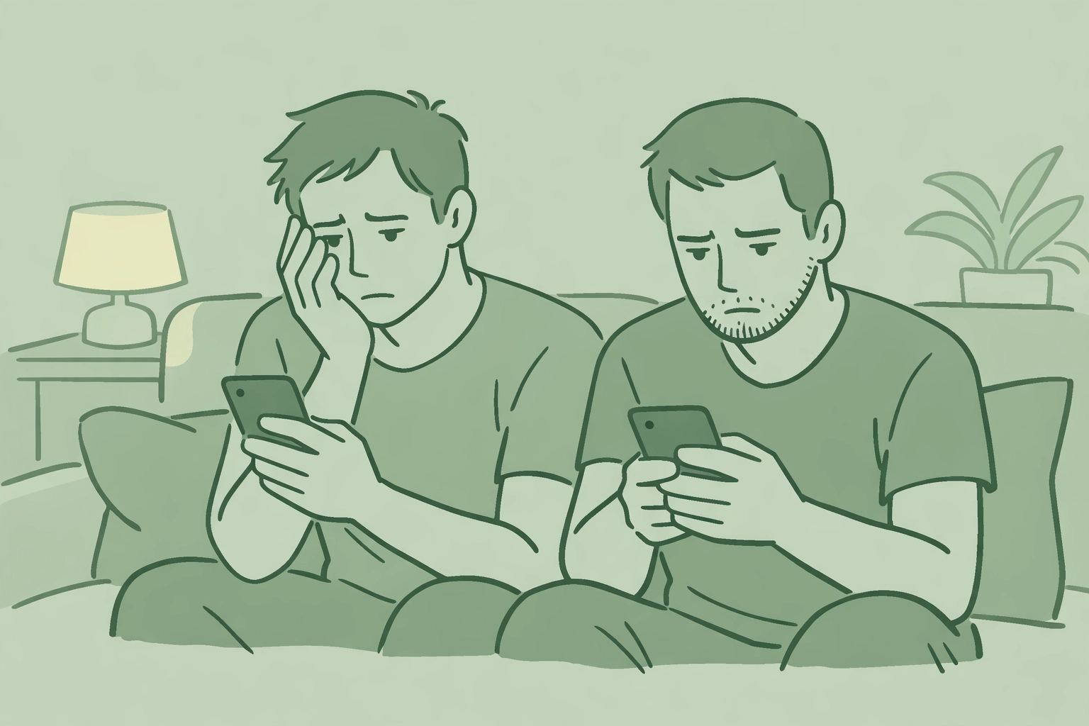 Two gay men anxiously looking at phones while creating dating profiles on LGBTQ+ apps