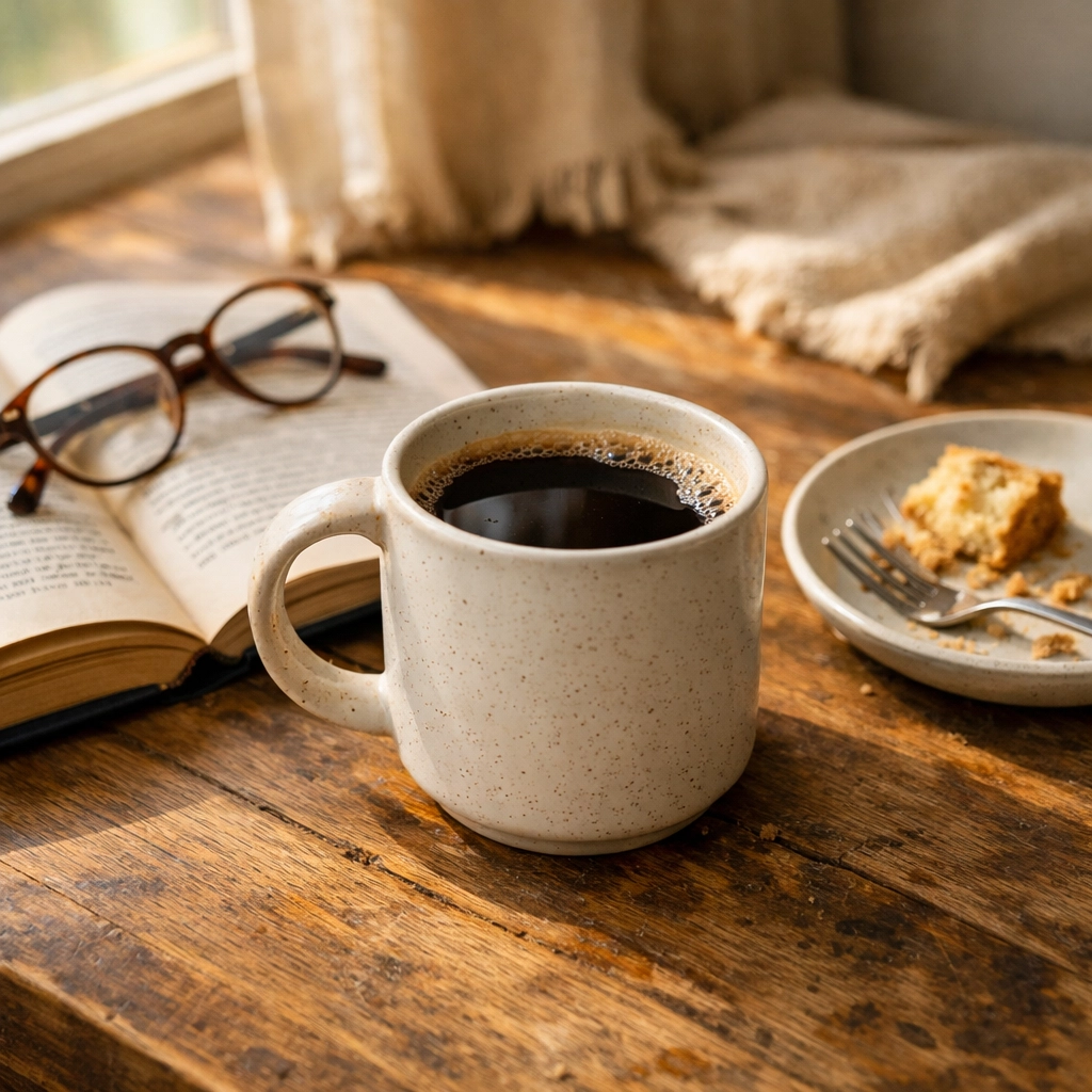 Afternoon decaf coffee with book on table - enjoying caffeine-free coffee