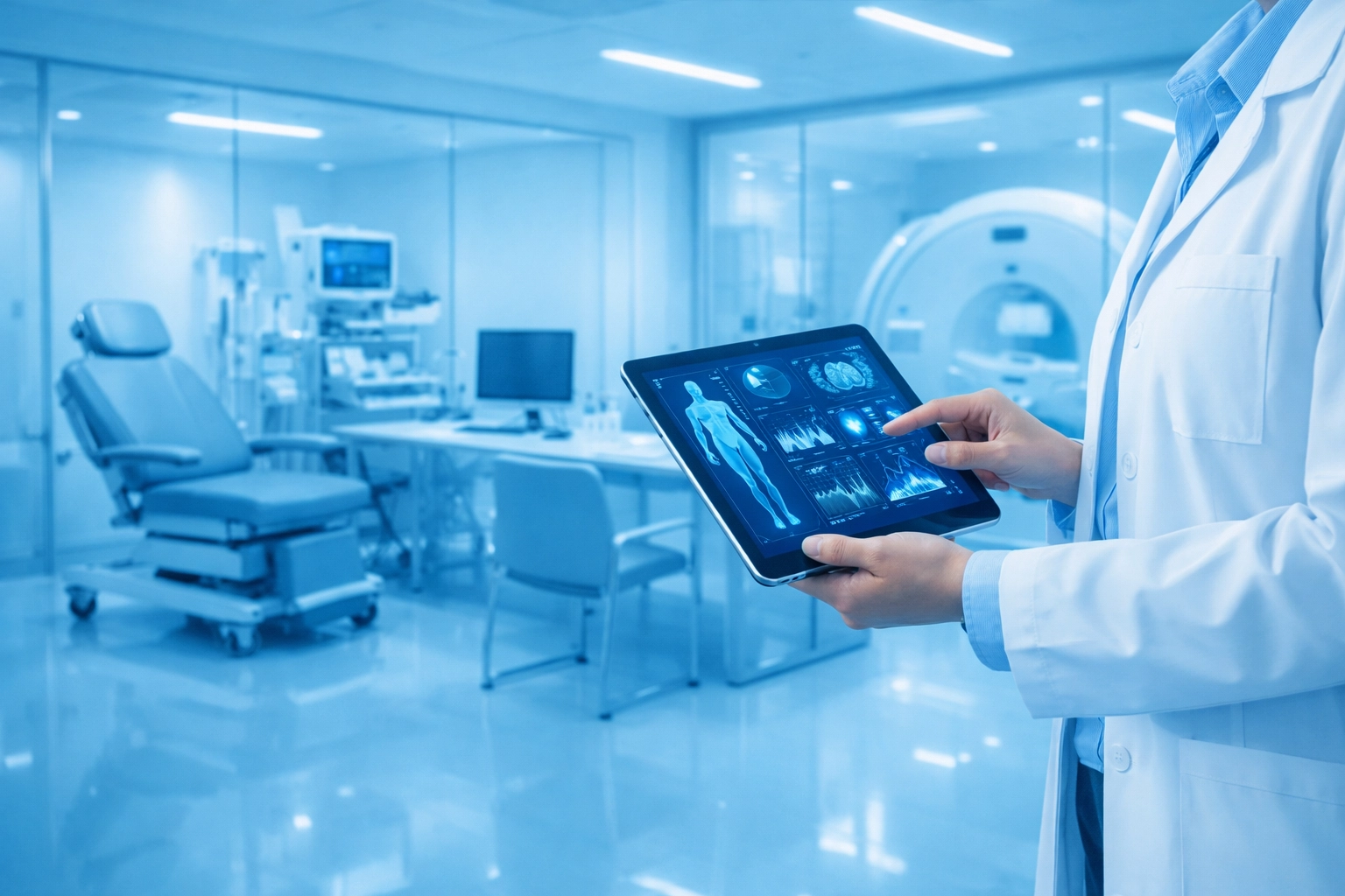 A licensed practitioner in a modern clinic reviewing clinical data for wholesale peptides for medspas.