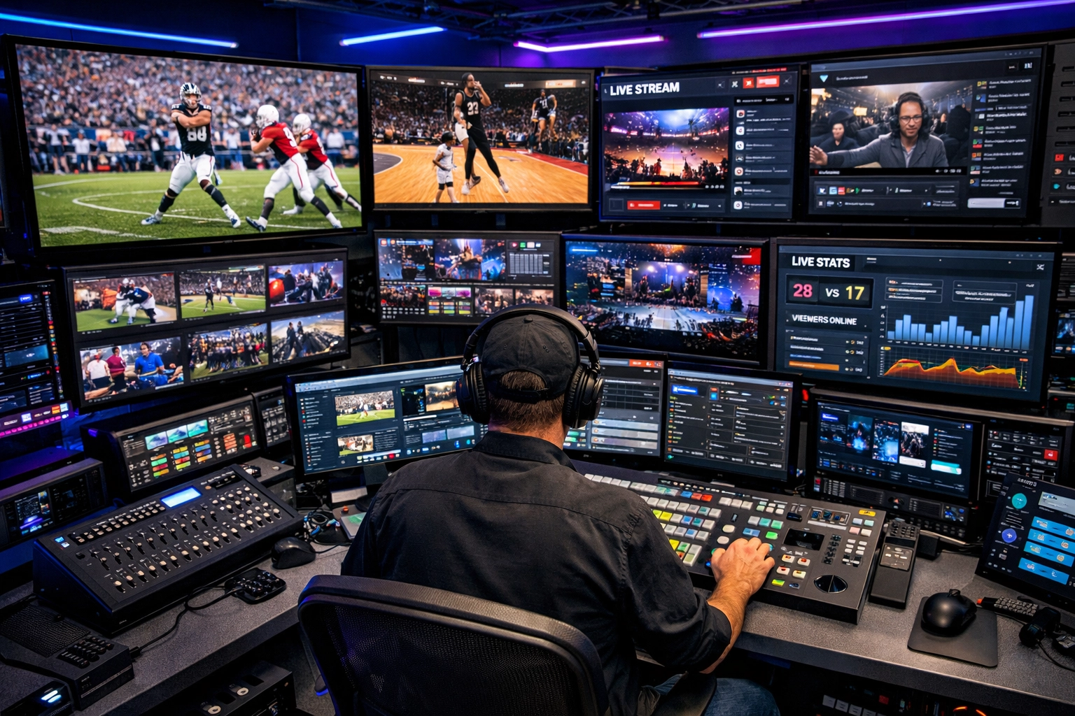 Sports broadcast control room with integrated media streaming and analytics for asset management