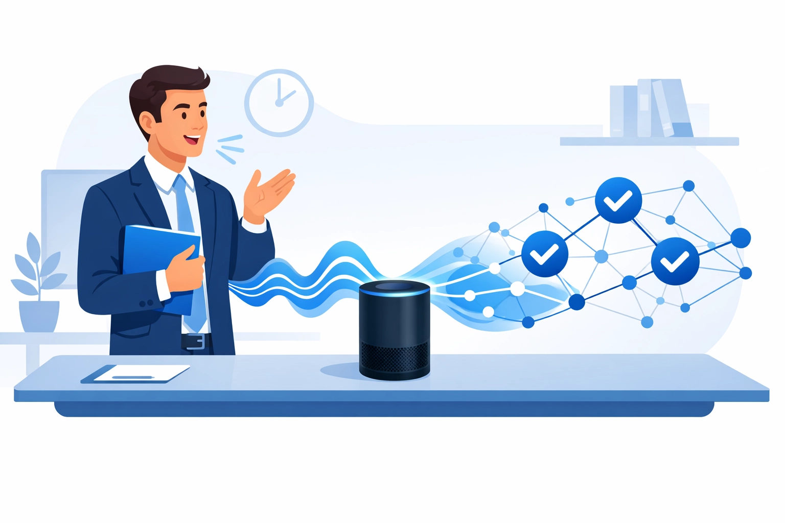 Professional using a smart speaker to illustrate Answer Engine Optimization for Monmouth County SEO.