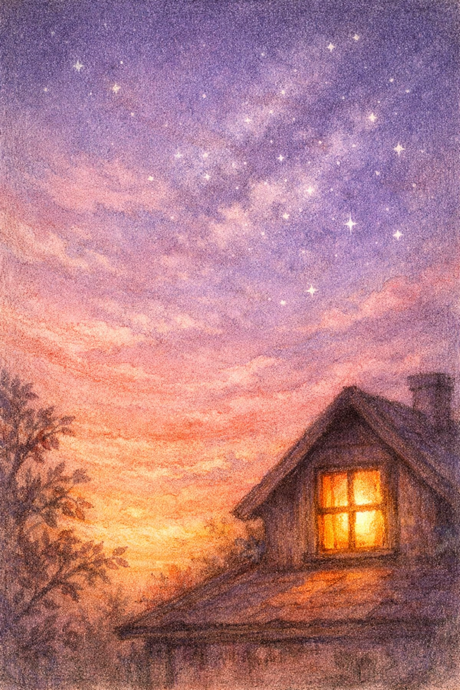 Evening twilight sky with stars above glowing home window representing gospel access in home