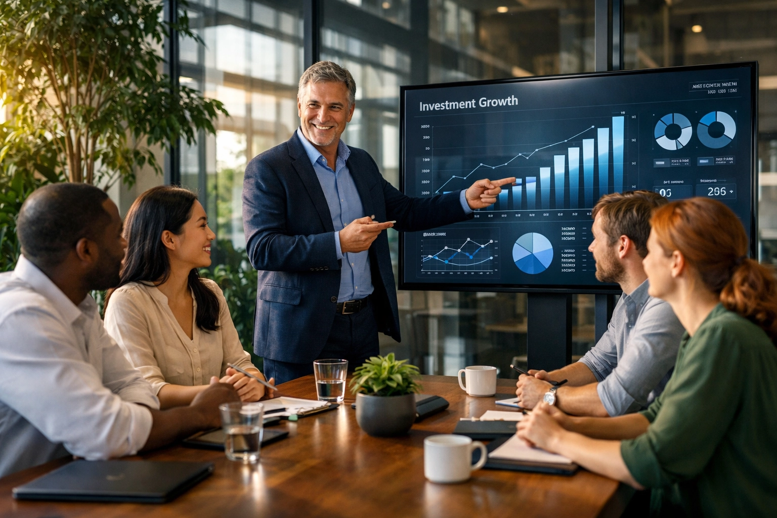 Diverse business team collaborating on employee training and future-ready pipeline development strategies.