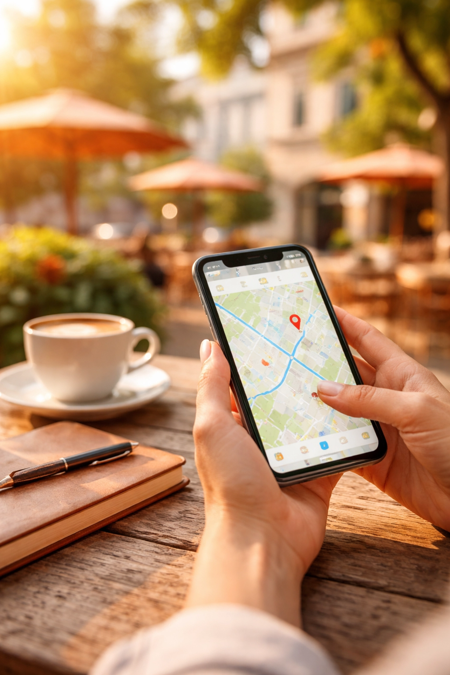 Traveler planning a journey on their smartphone at an outdoor café, symbolizing inclusive travel resources