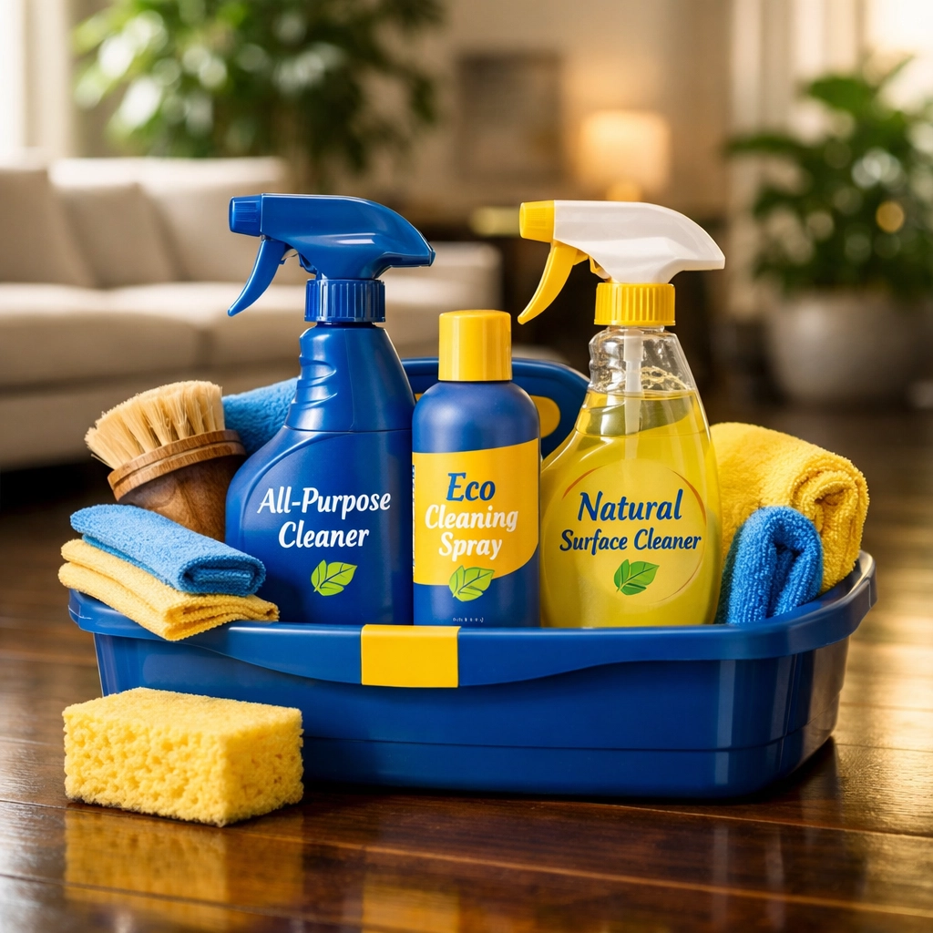 Non-toxic eco-friendly cleaning supplies on a polished hardwood floor for move-out cleaning Worcester residents.