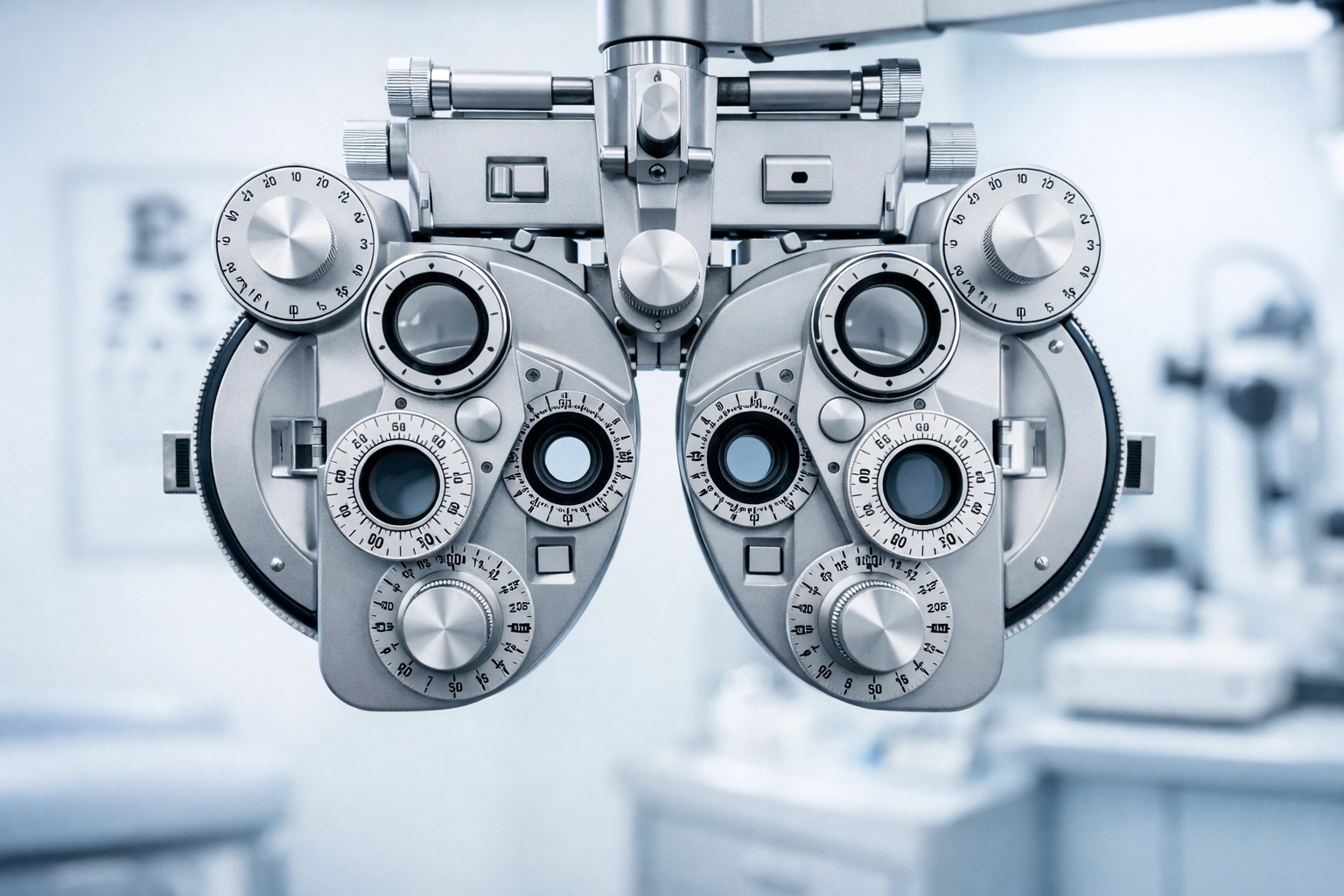 Precision phoropter in a clinical exam room representing accurate medical billing for optometrists.