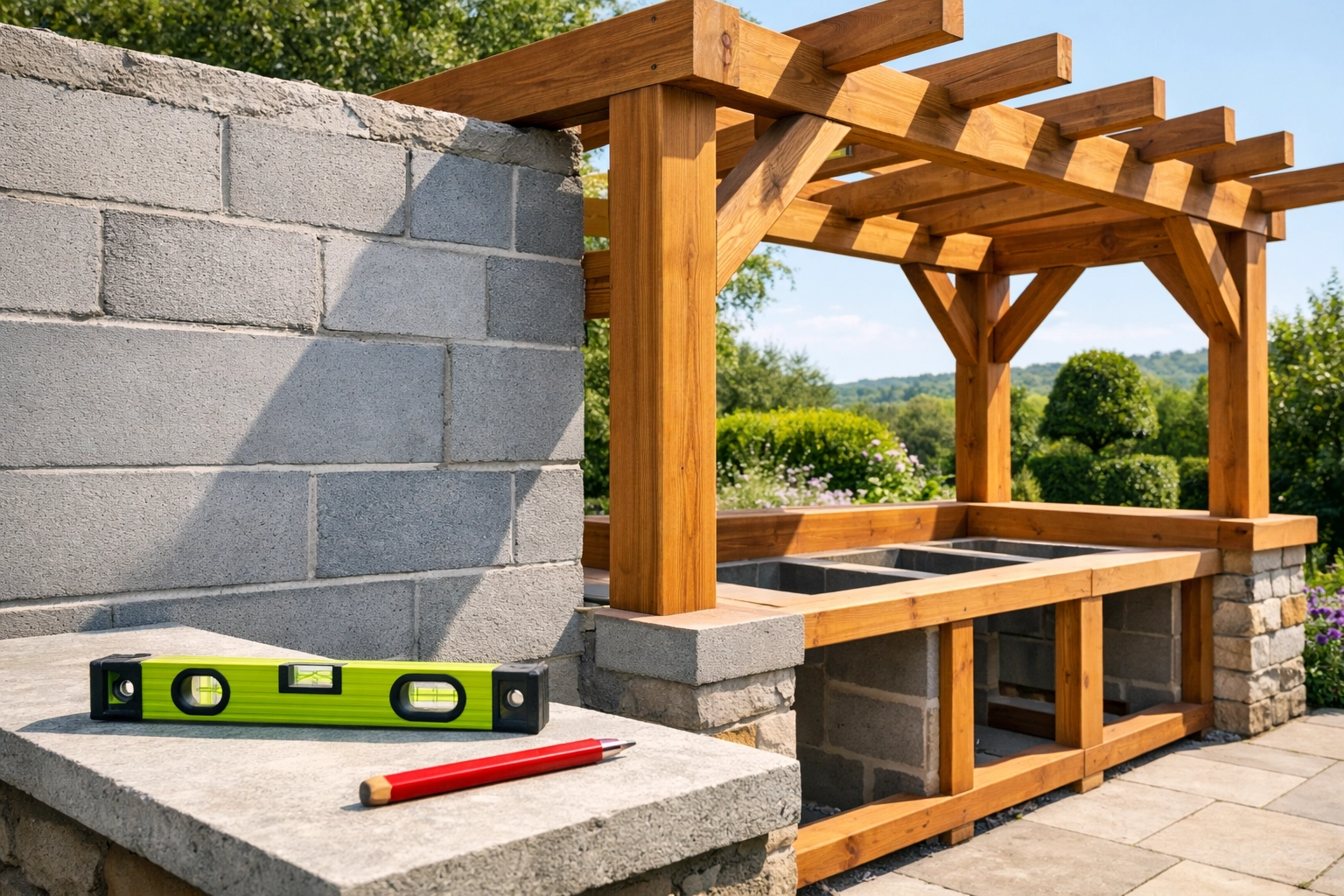Bespoke cedar timber framing and masonry for a high-end outdoor kitchen project in South Wales.