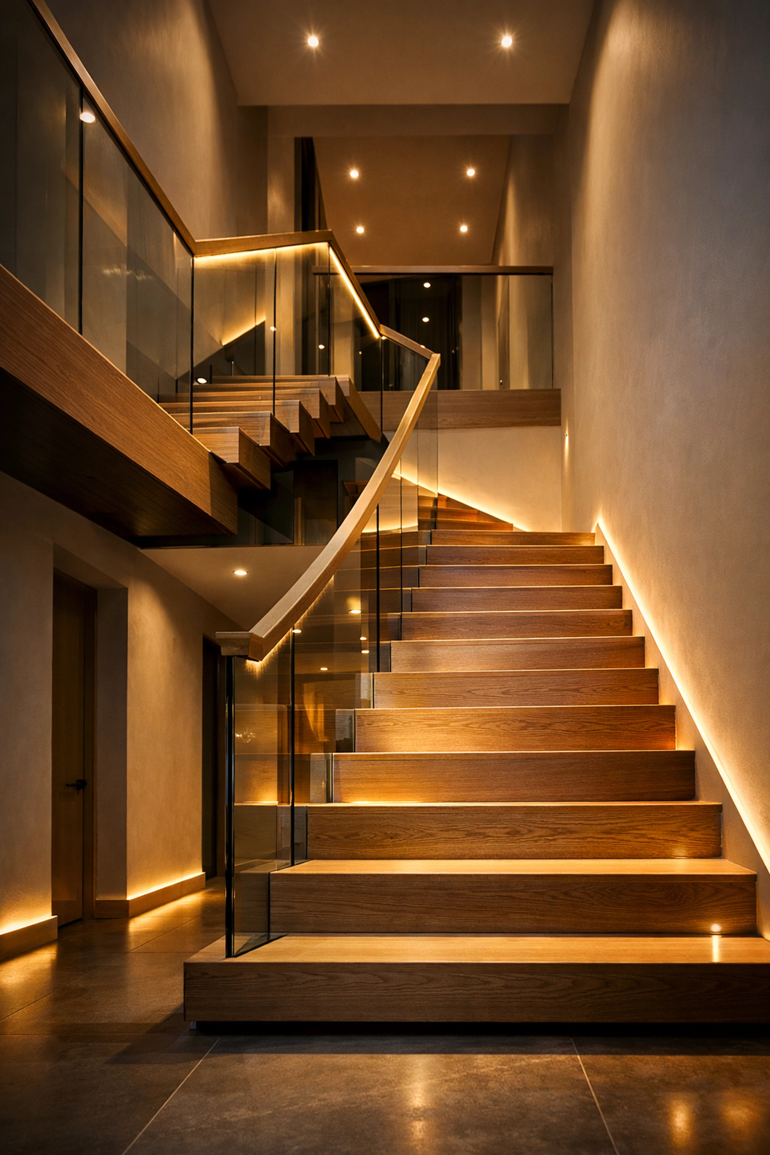 Contemporary oak and glass floating staircase in a double-height bungalow entrance hall.