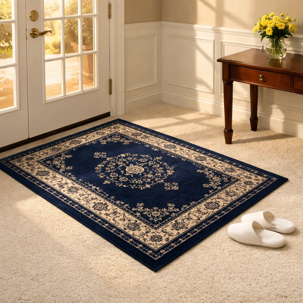 Entryway with a protective area rug and house slippers to keep Lunenburg home carpets clean.