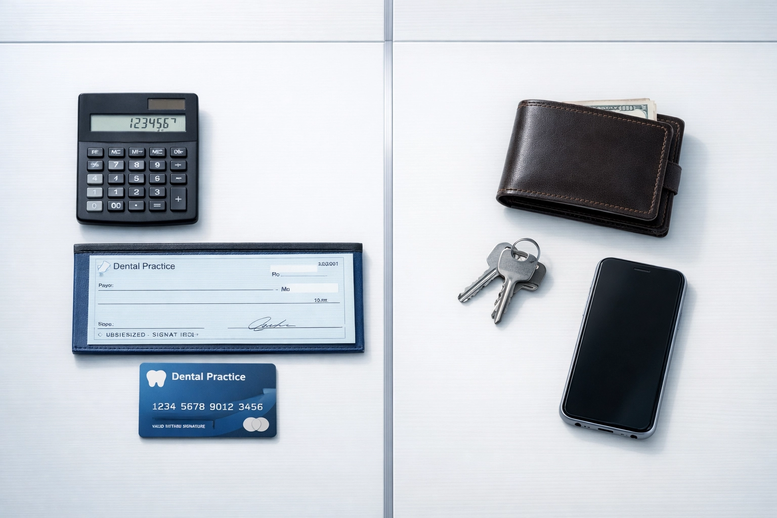 Dental practice desk showing separated business and personal finances for clean bookkeeping