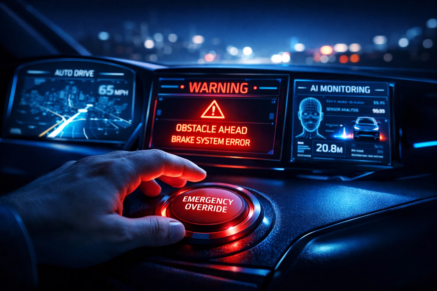 Human hand hovering over AI system override button showing need for manual intervention in autonomous vehicles