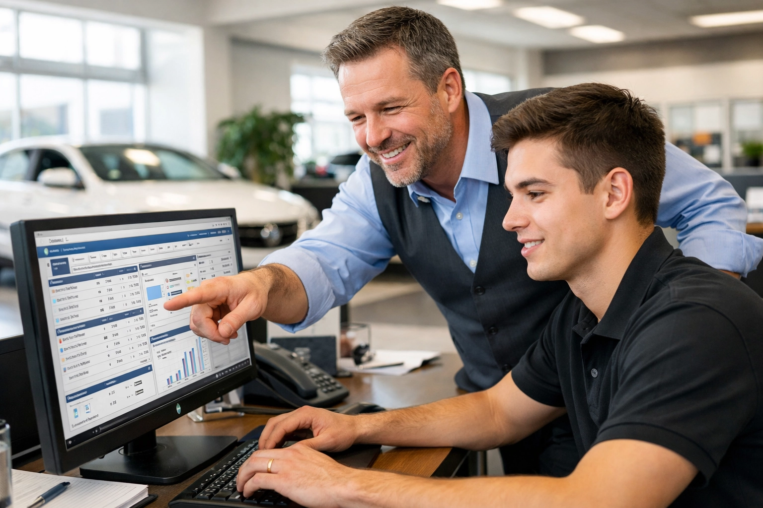 Service advisor mentor training new employee on DMS system in modern dealership setting