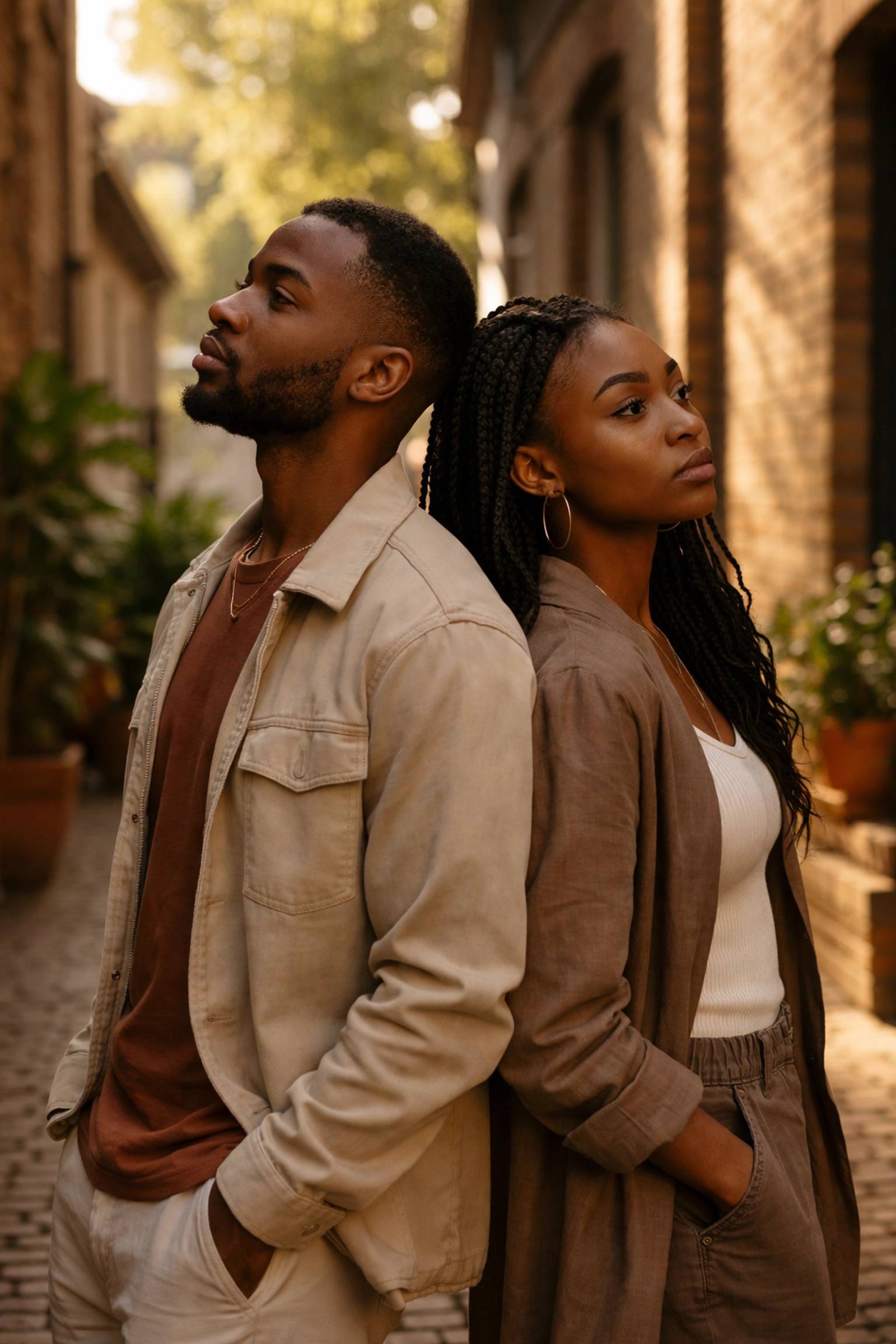 Black man and woman standing back-to-back in urban setting, representing challenges in Black relationships and communication barriers