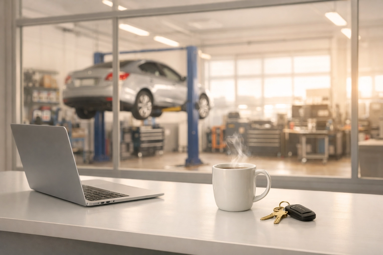 A clean shop owner's office overlooking a repair bay, symbolizing organized and audit-ready bookkeeping.
