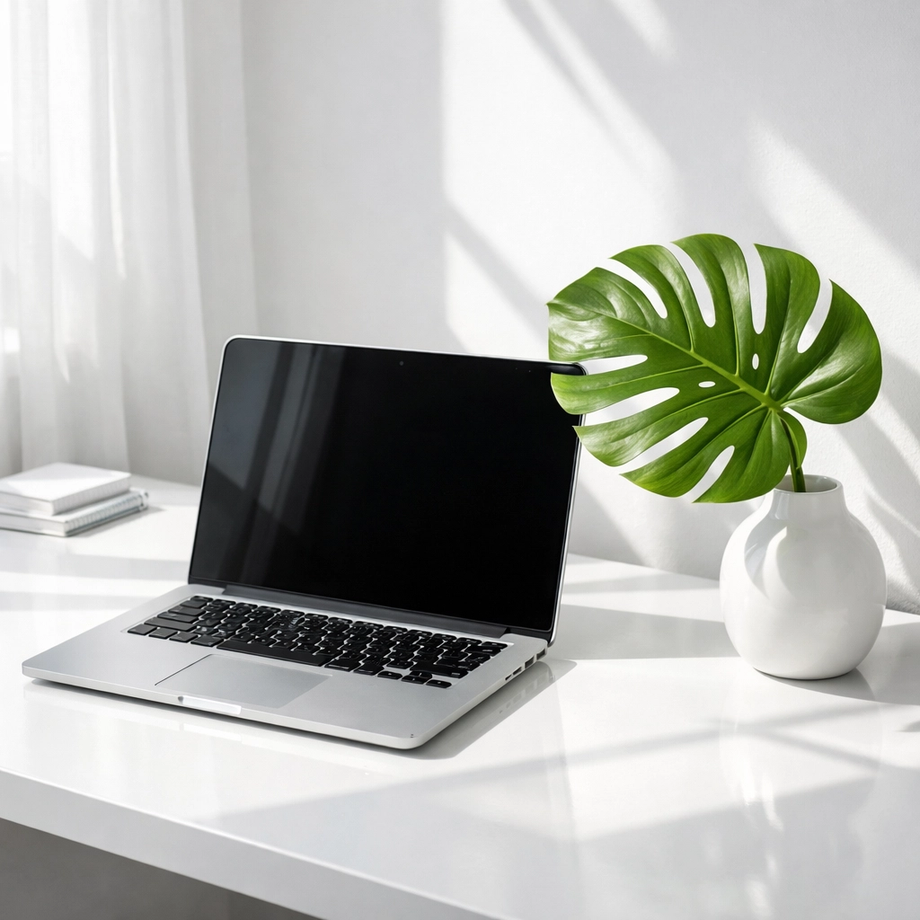 Laptop on a clean desk used for monitoring search performance and Google Search Console data.