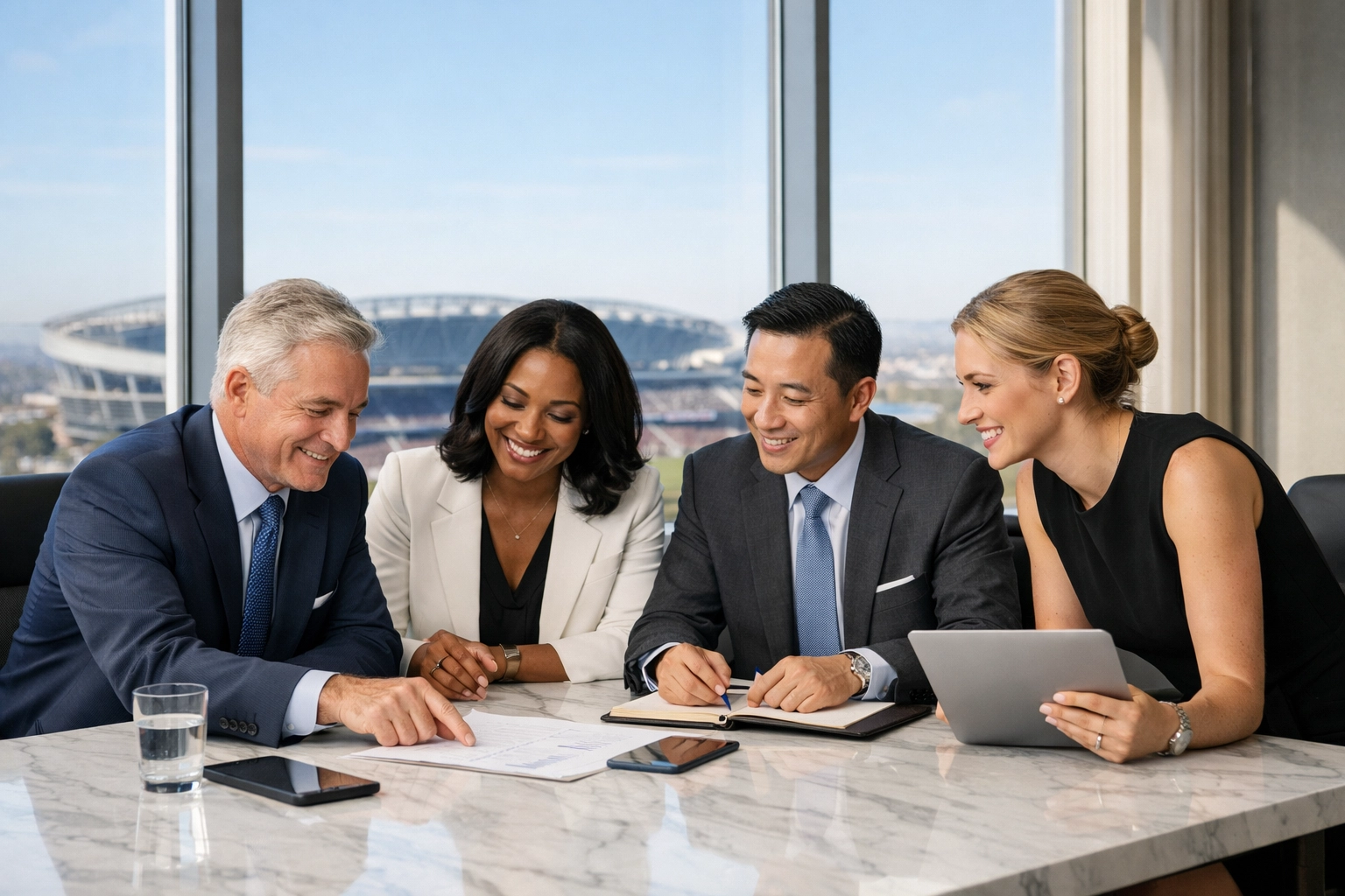 Corporate executives in a modern office overlooking a stadium, planning a high-impact Super Bowl branding strategy.