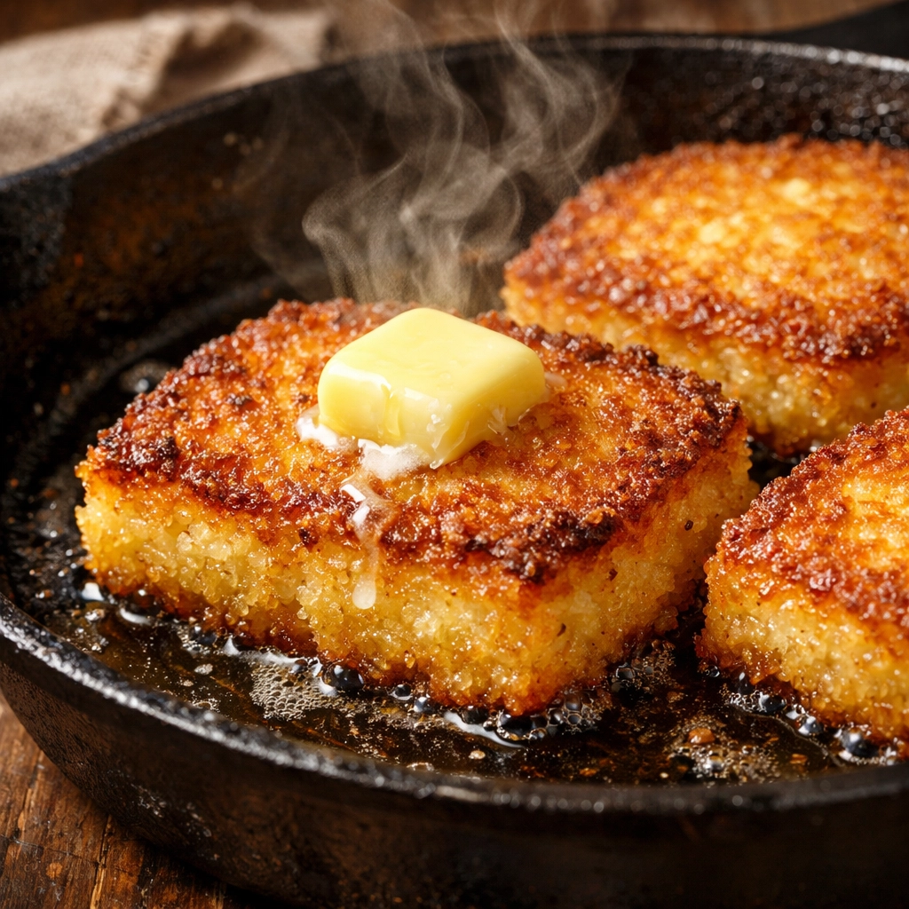 Sizzling crispy grit cakes in a seasoned cast-iron skillet, a creative way to use Southern leftovers.