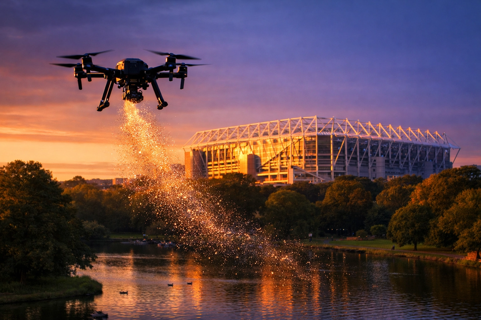 Aerial drone ash scattering ceremony near St James' Park stadium and Leazes Park in Newcastle.